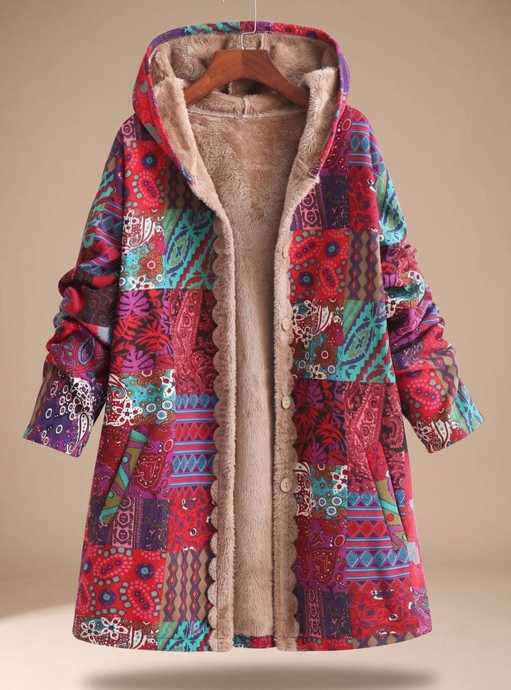 Women's Fleece-Lined Hooded Boho Patchwork Relaxed-Fit Coat