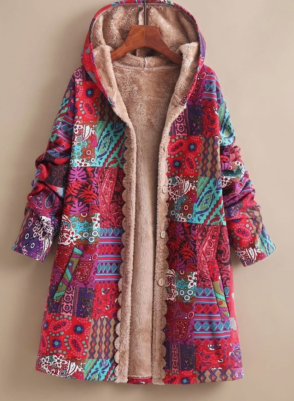 Women's Fleece-Lined Hooded Boho Patchwork Relaxed-Fit Coat - Red