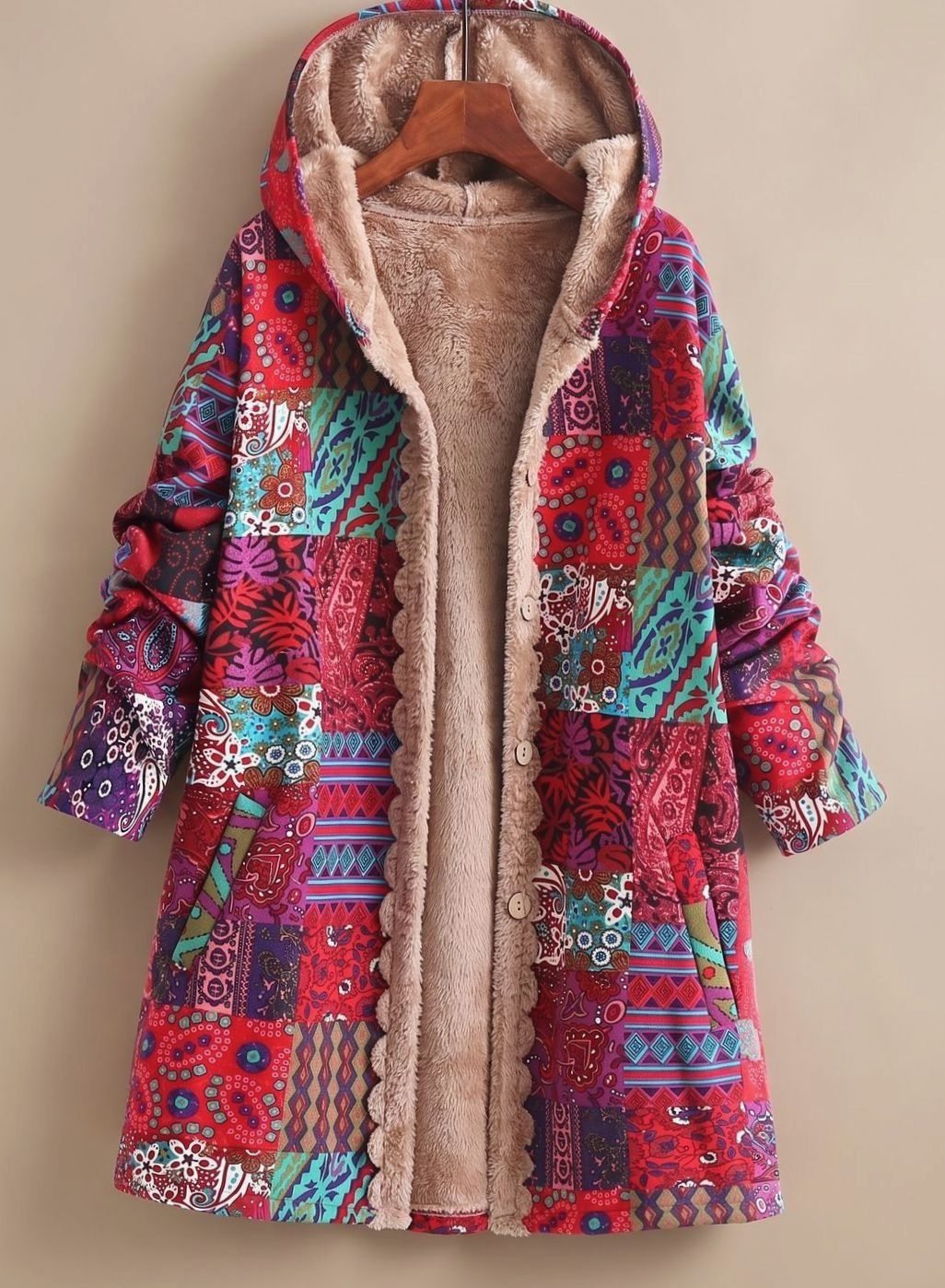 Women's Fleece-Lined Hooded Boho Patchwork Relaxed-Fit Coat - Red