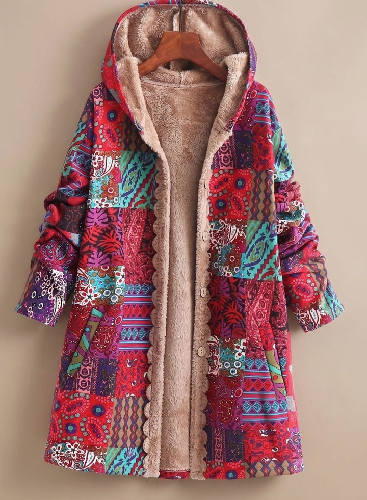 Women's Fleece-Lined Hooded Boho Patchwork Relaxed-Fit Coat - Red