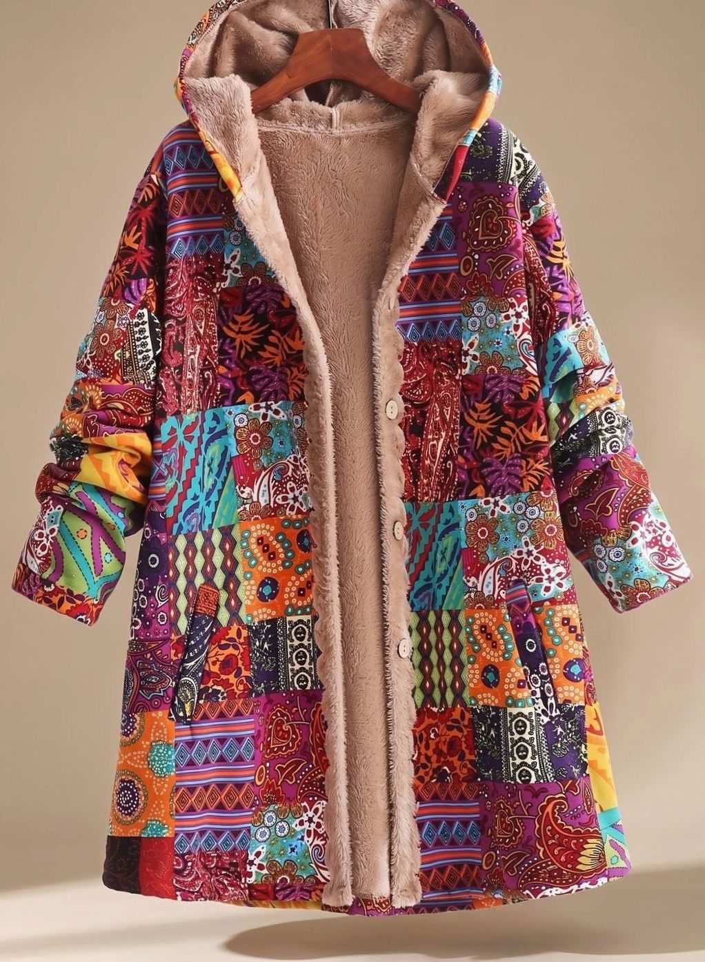 Women's Fleece-Lined Hooded Boho Patchwork Relaxed-Fit Coat - Ginger