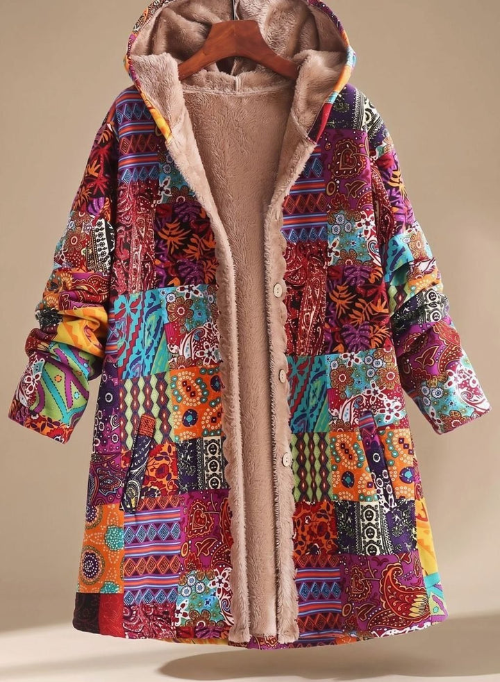 Women's Fleece-Lined Hooded Boho Patchwork Relaxed-Fit Coat - Ginger