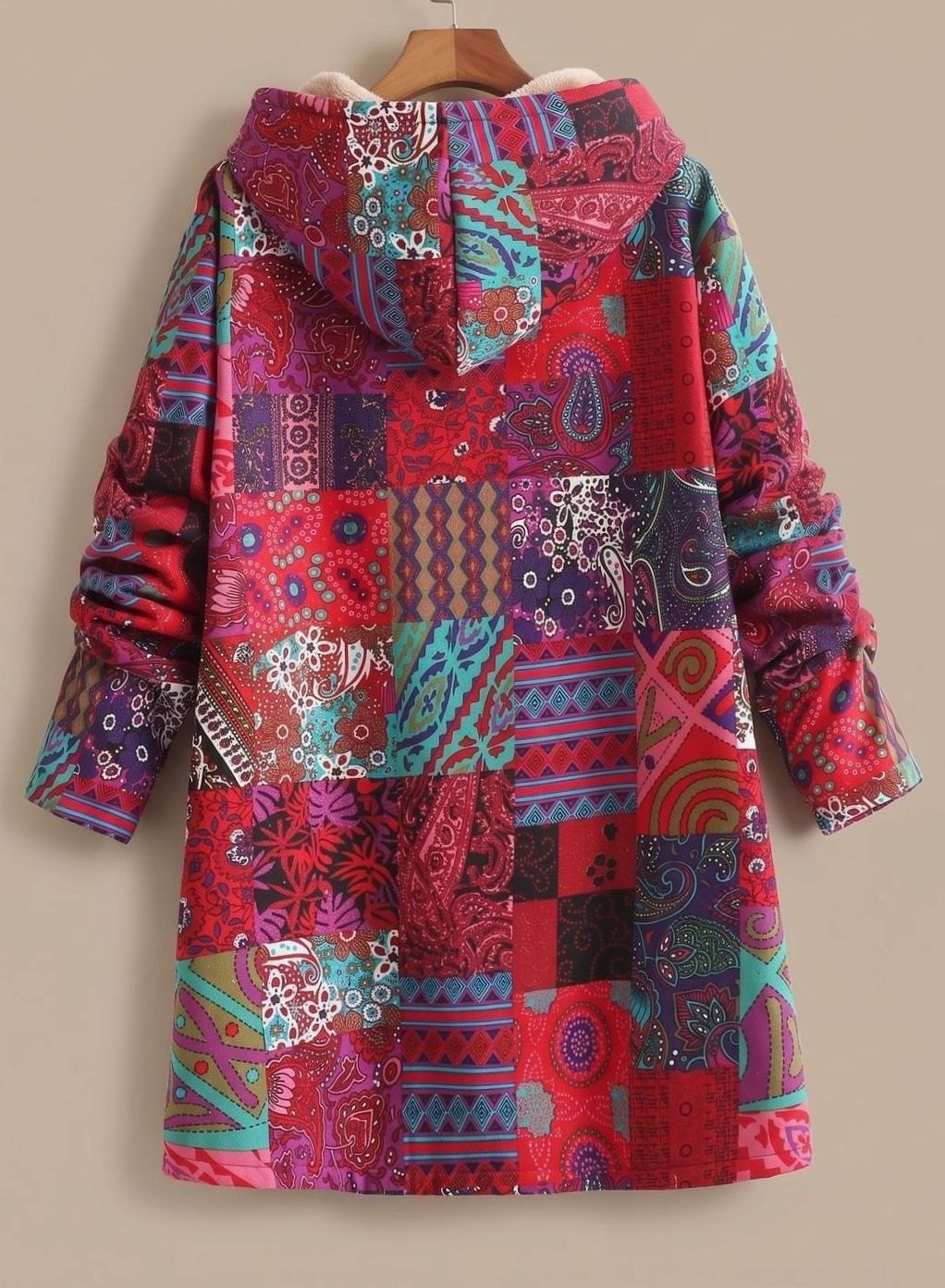 Women's Fleece-Lined Hooded Boho Patchwork Relaxed-Fit Coat
