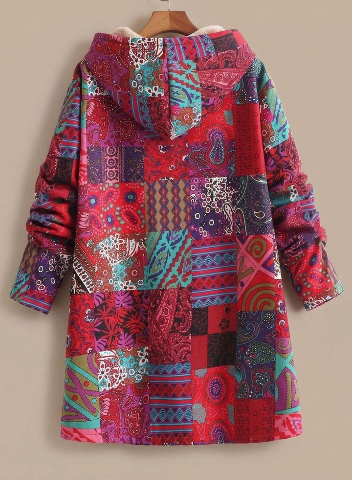Women's Fleece-Lined Hooded Boho Patchwork Relaxed-Fit Coat