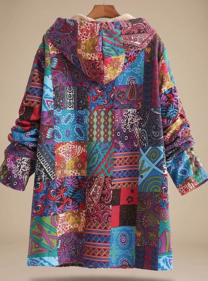 Women's Fleece-Lined Hooded Boho Patchwork Relaxed-Fit Coat
