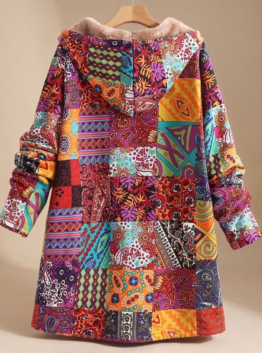 Women's Fleece-Lined Hooded Boho Patchwork Relaxed-Fit Coat