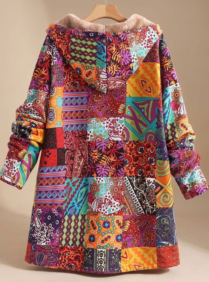Women's Fleece-Lined Hooded Boho Patchwork Relaxed-Fit Coat