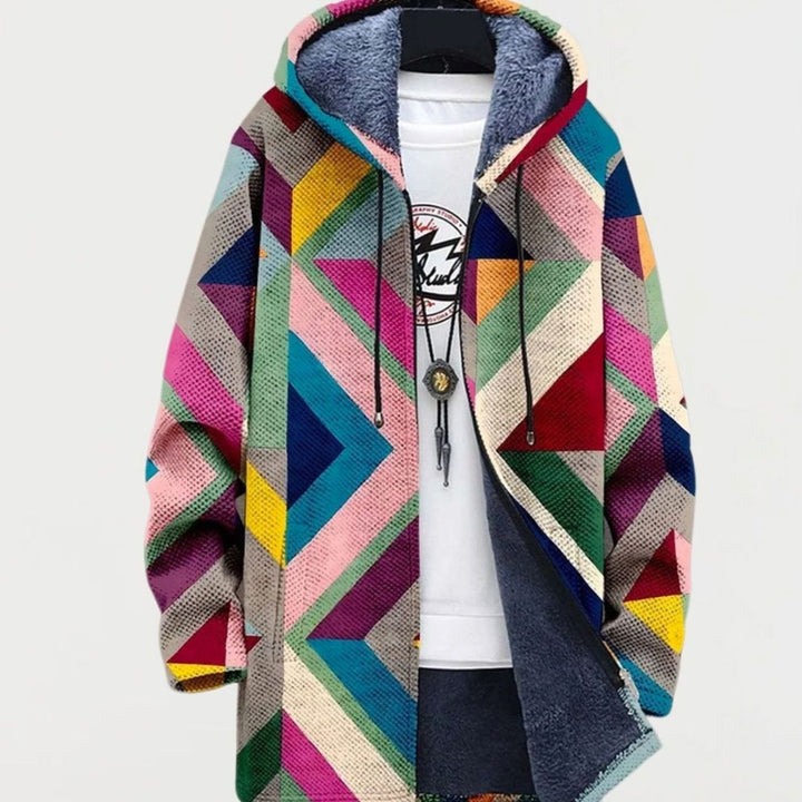Women's Fleece-Lined Hooded Geometric Print Oversized Jacket