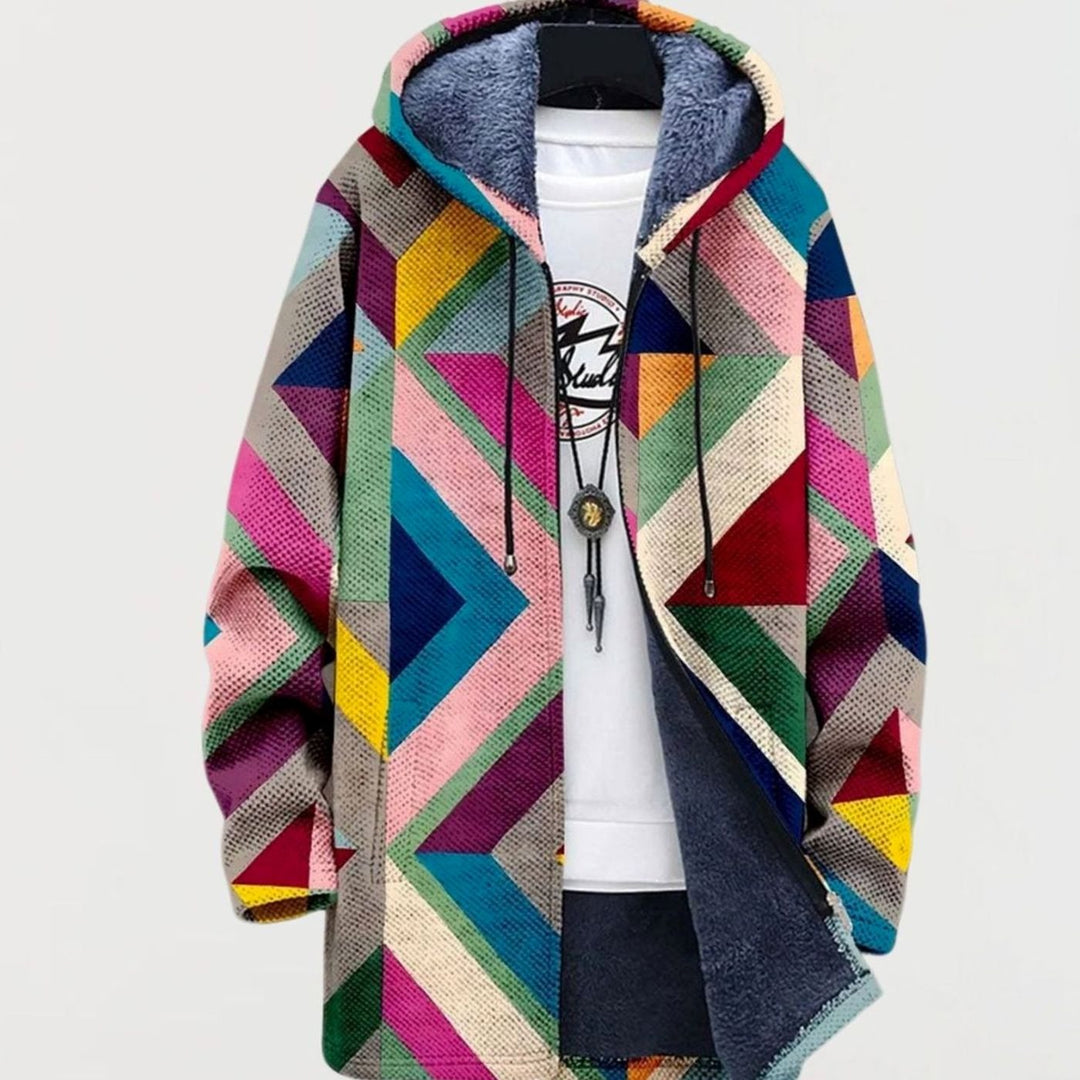 Women's Fleece-Lined Hooded Geometric Print Oversized Jacket - Multicolor