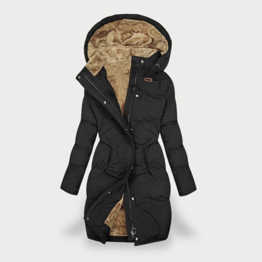 Women's Fleece-Lined Hooded Longline Puffer Coat - Black