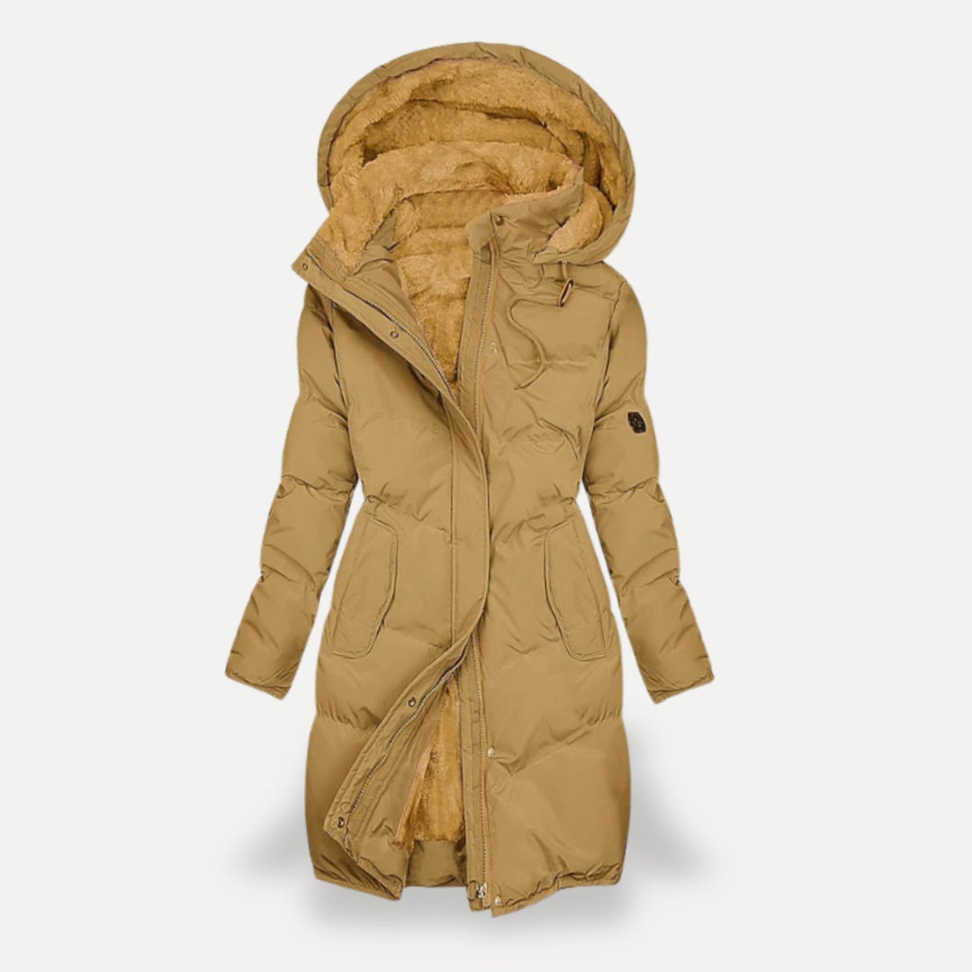 Women's Fleece-Lined Hooded Longline Puffer Coat - Brown