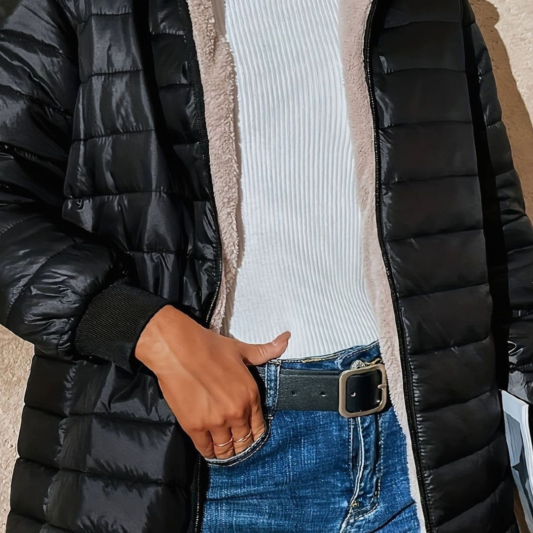 Women's Fleece-Lined Longline Quilted Zip-Up Coat - Black