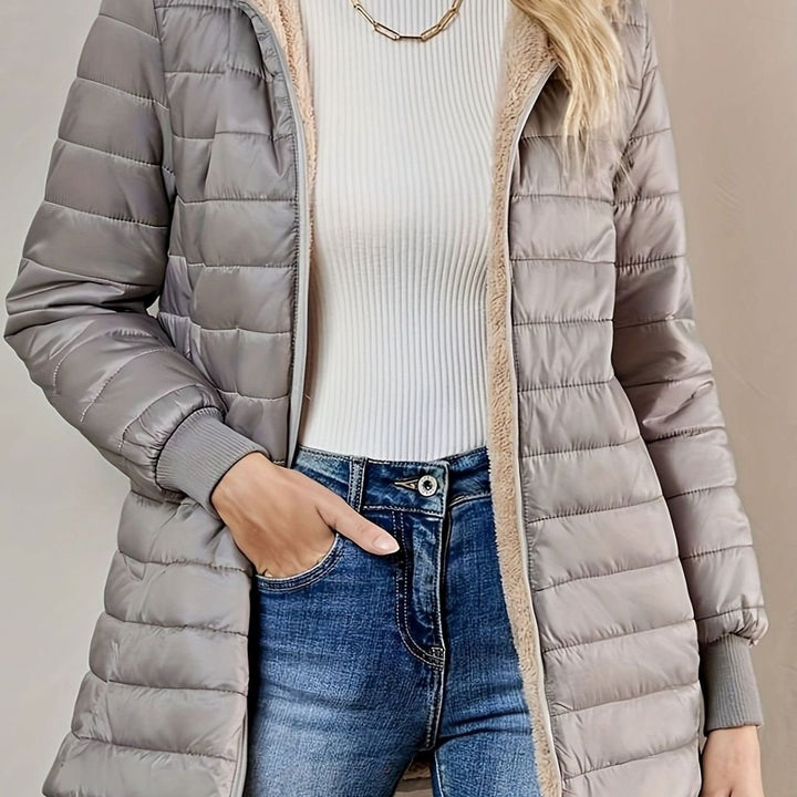 Women's Fleece-Lined Longline Quilted Zip-Up Coat - Light Grey