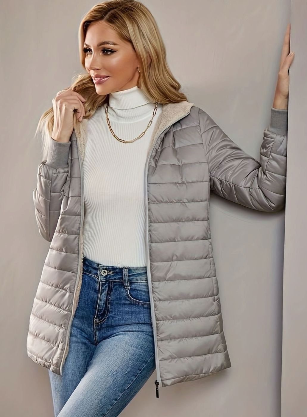 Women's Fleece-Lined Longline Quilted Zip-Up Coat