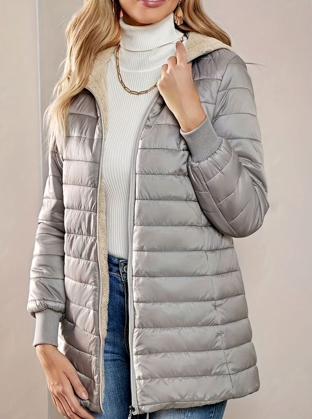 Women's Fleece-Lined Longline Quilted Zip-Up Coat