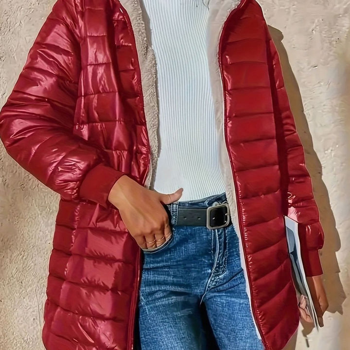 Women's Fleece-Lined Longline Quilted Zip-Up Coat - Burgundy