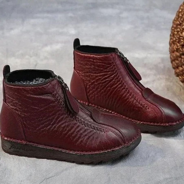 Women's Fleece-Lined Non-Slip Round-Toe Ankle Boots - Burgundy