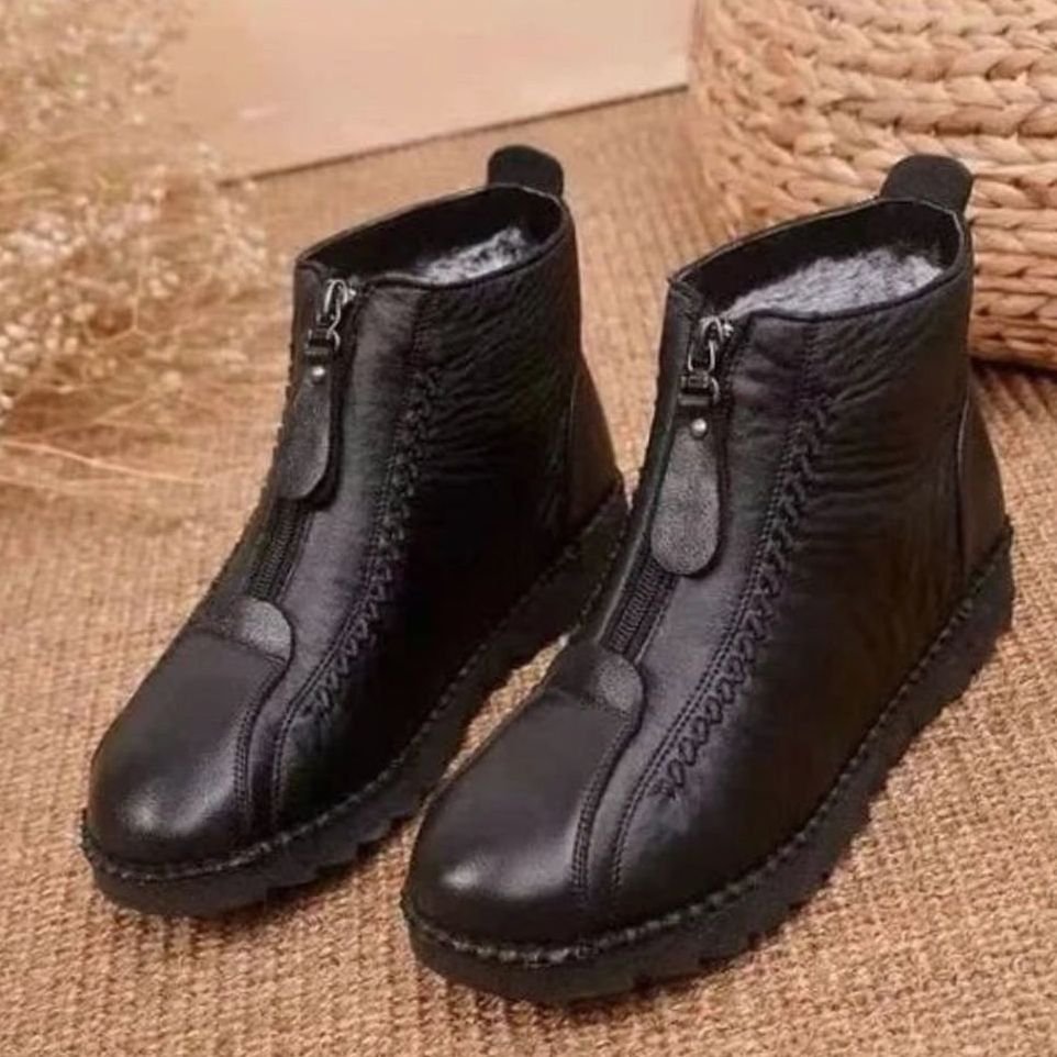 Women's Fleece-Lined Non-Slip Round-Toe Ankle Boots - Black