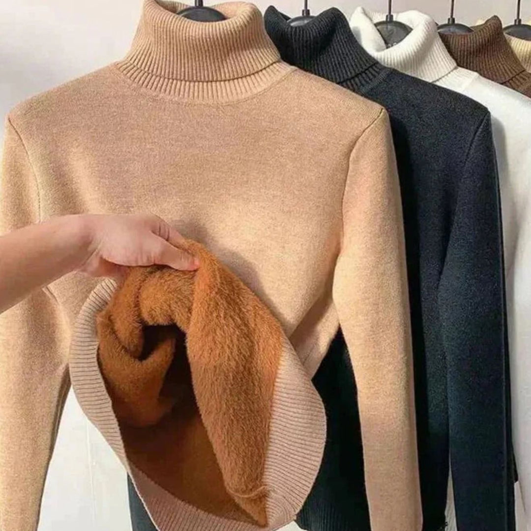 Women's Fleece-Lined Slim-Fit Turtleneck Jumper - Beige