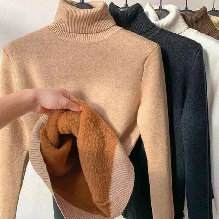 Women's Fleece-Lined Slim-Fit Turtleneck Jumper - Beige