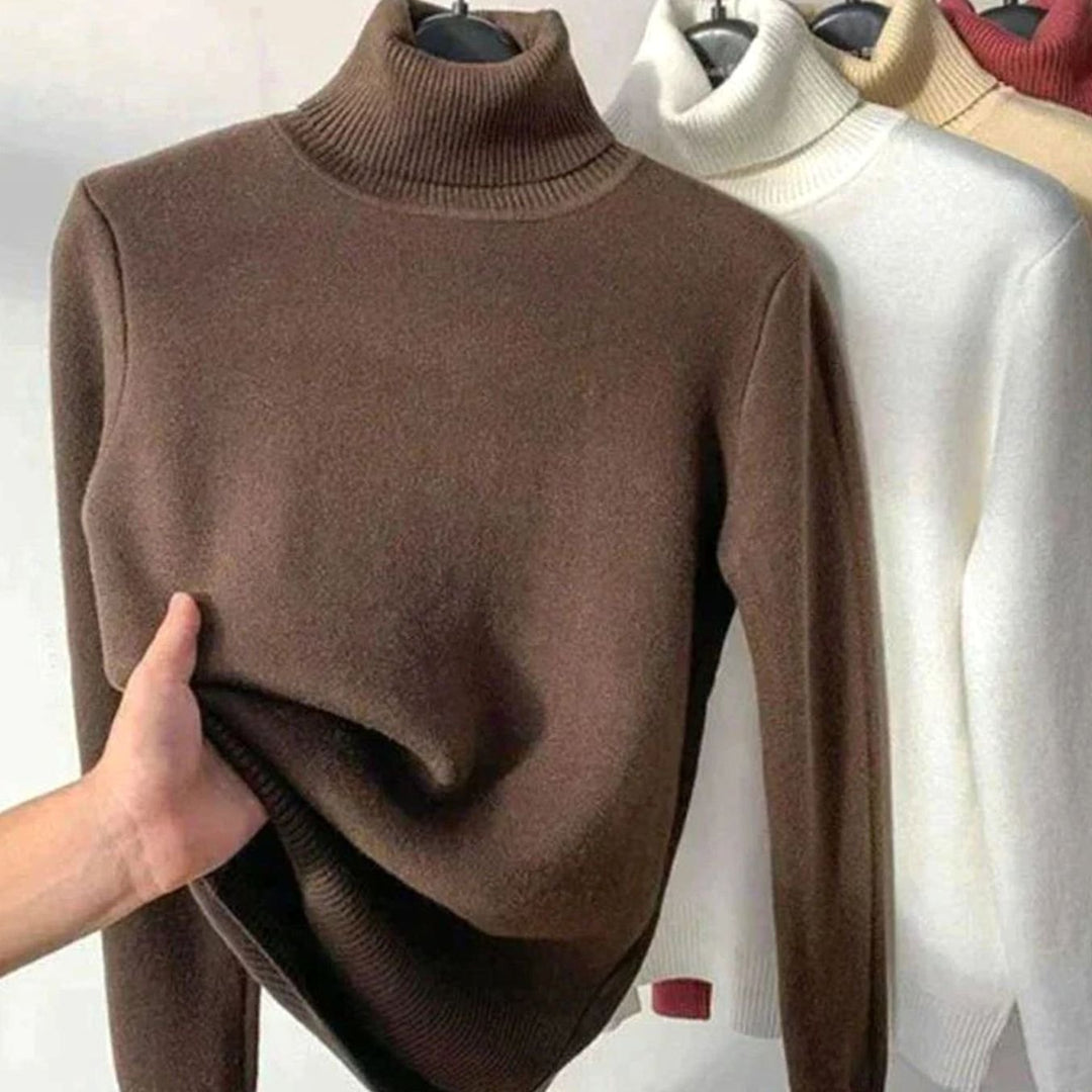 Women's Fleece-Lined Slim-Fit Turtleneck Jumper - Brown