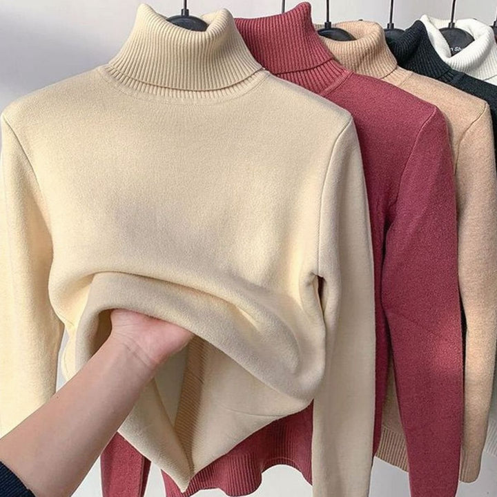 Women's Fleece-Lined Slim-Fit Turtleneck Jumper - Cream