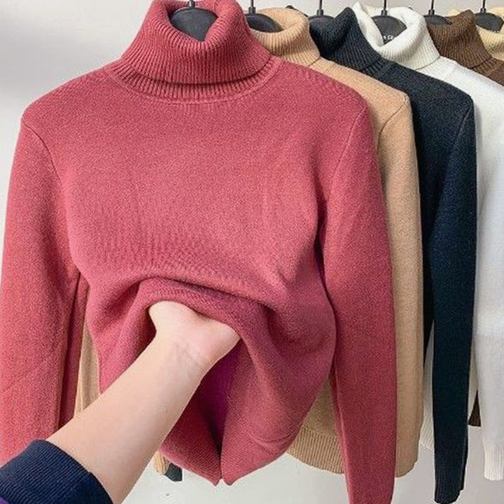 Women's Fleece-Lined Slim-Fit Turtleneck Jumper - Red