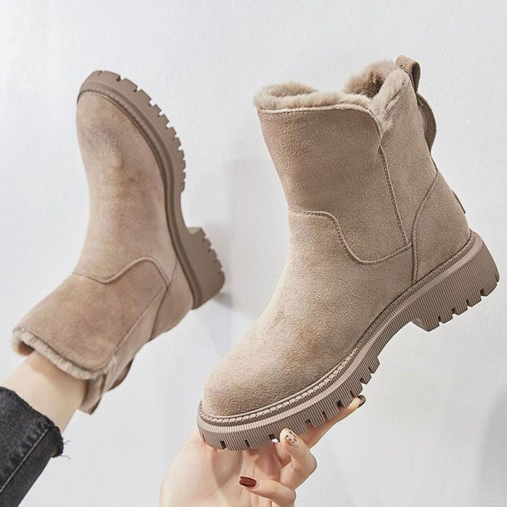 Women's Fleece-Lined Suede Slip-On Winter Ankle Boots - Beige