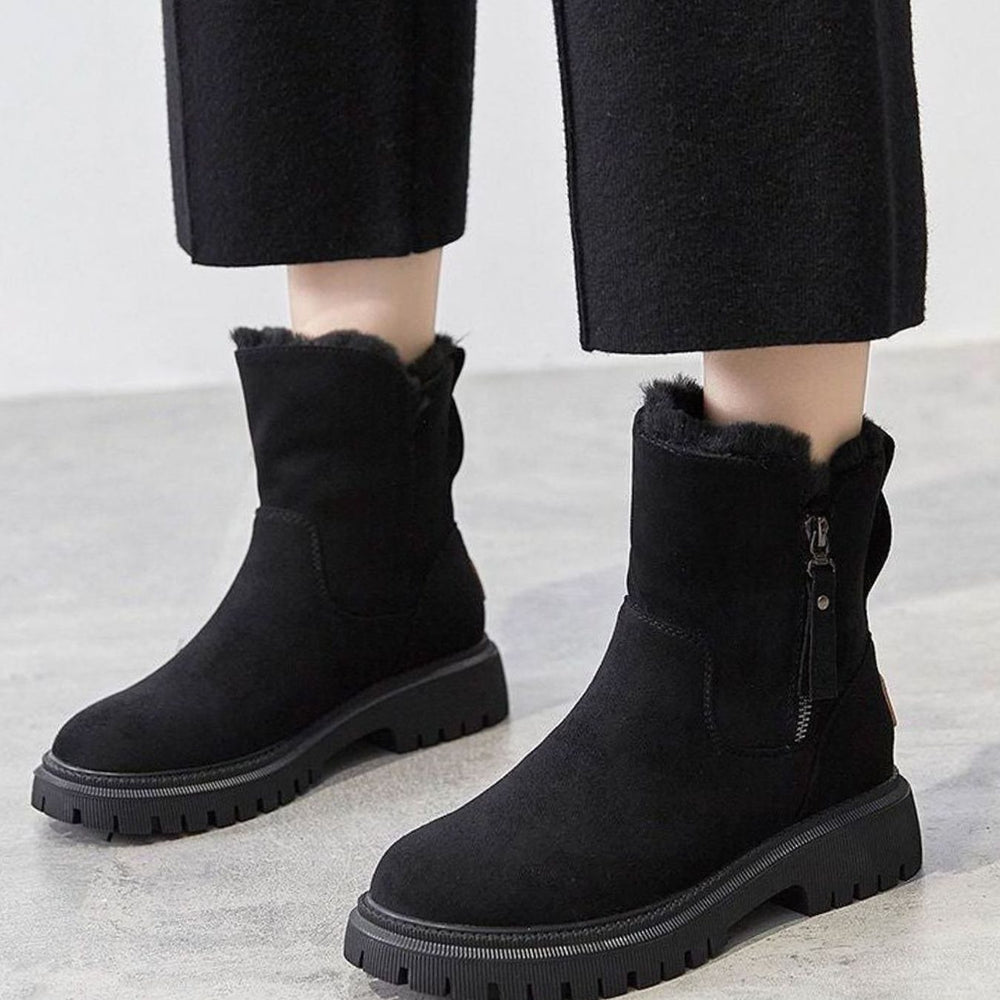 Women's Fleece-Lined Suede Slip-On Winter Ankle Boots - Black