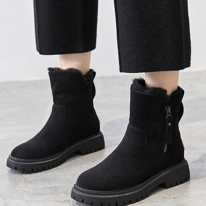 Women's Fleece-Lined Suede Slip-On Winter Ankle Boots - Black