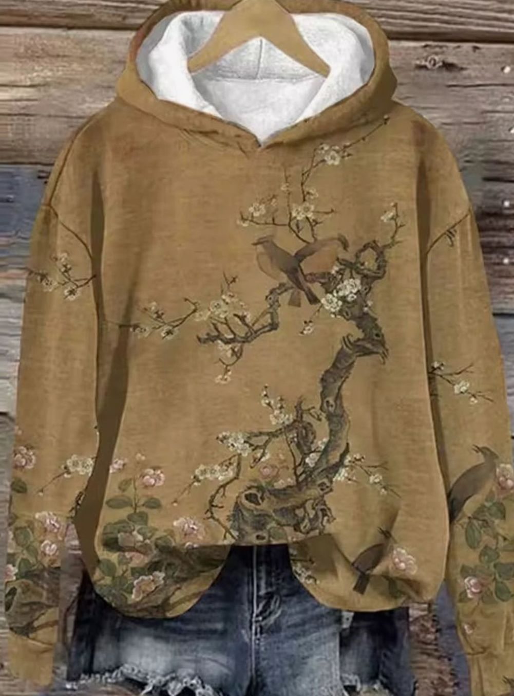 Women's Floral Bird Print Relaxed-Fit Hooded Sweatshirt