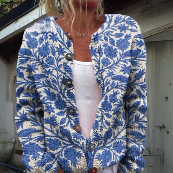 Women's Floral Button-Front Knit Cardigan Sweater - Blue