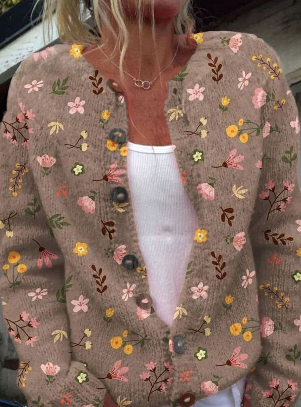 Women's Floral Button-Front Knit Cardigan Sweater - Brown