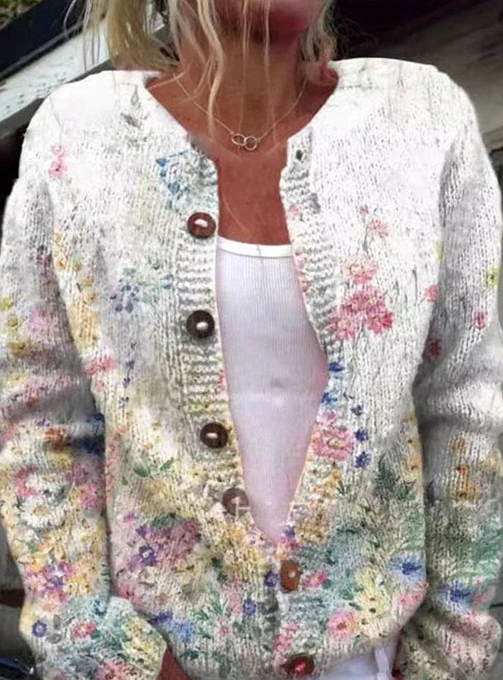 Women's Floral Button-Front Knit Cardigan Sweater - White