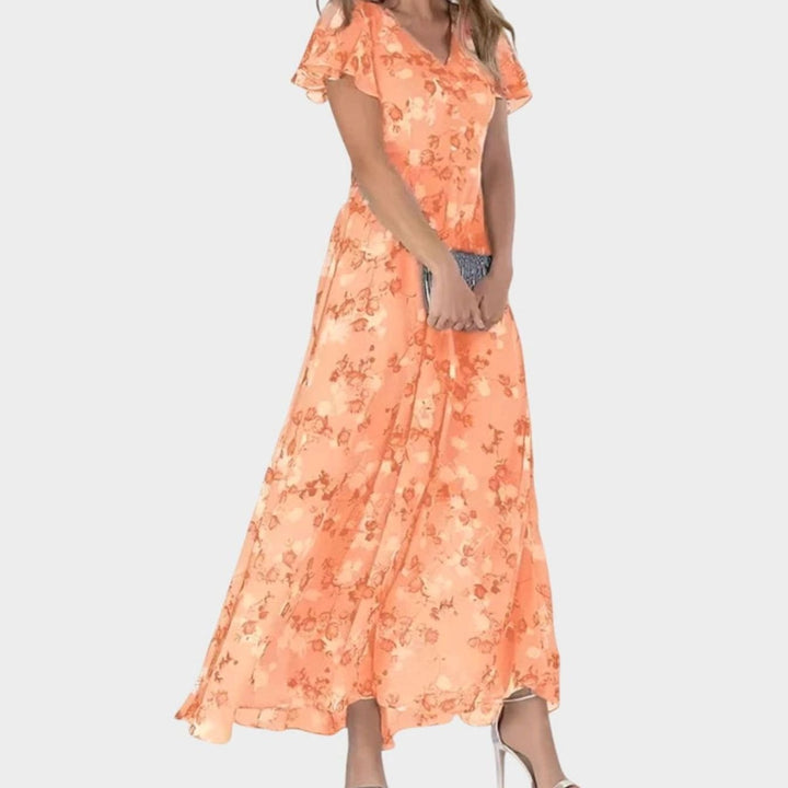 Women's Floral Chiffon Flutter-Sleeve V-Neck Maxi Dress - Orange