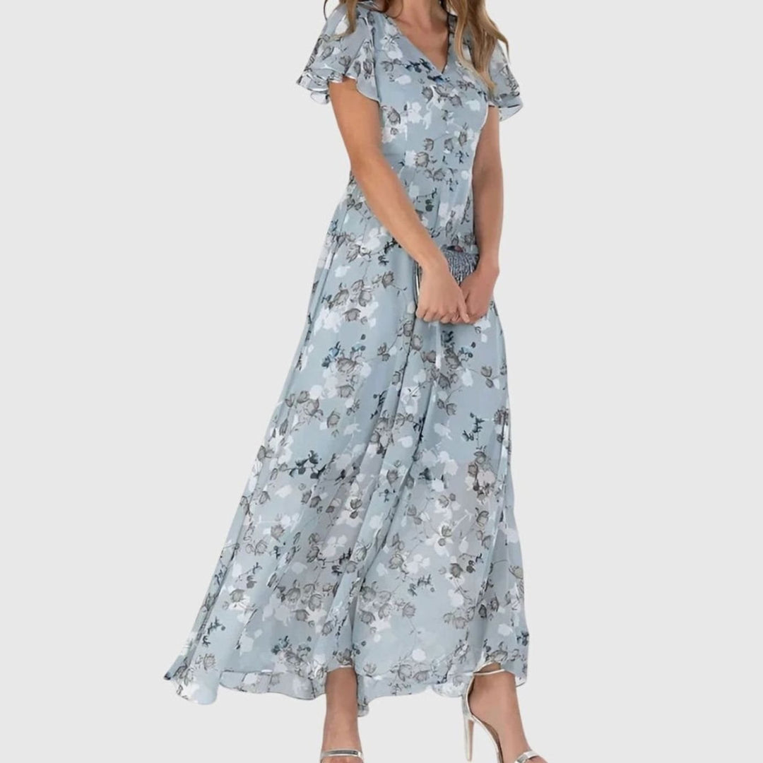 Women's Floral Chiffon Flutter-Sleeve V-Neck Maxi Dress - Blue