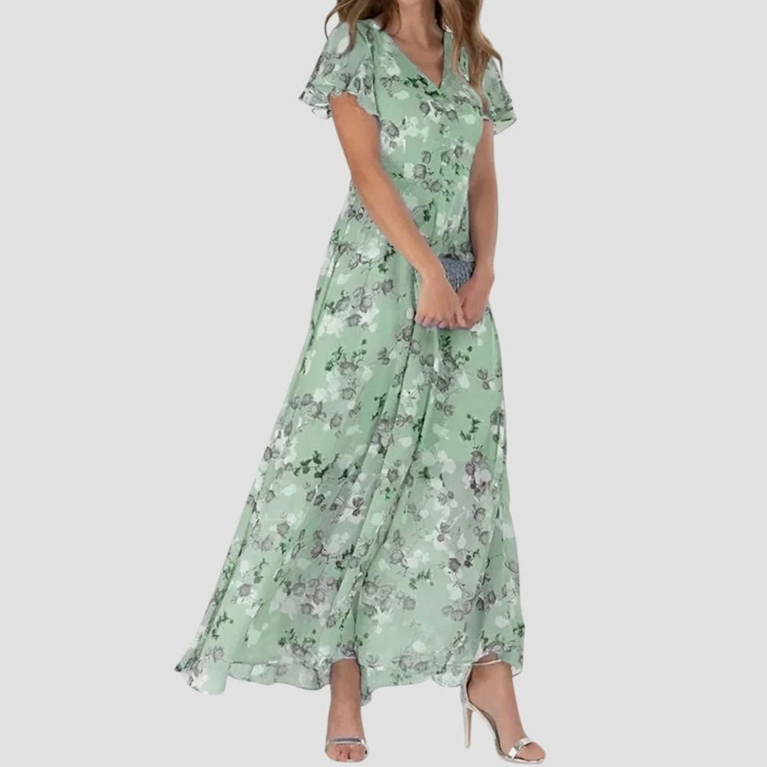 Women's Floral Chiffon Flutter-Sleeve V-Neck Maxi Dress - Green