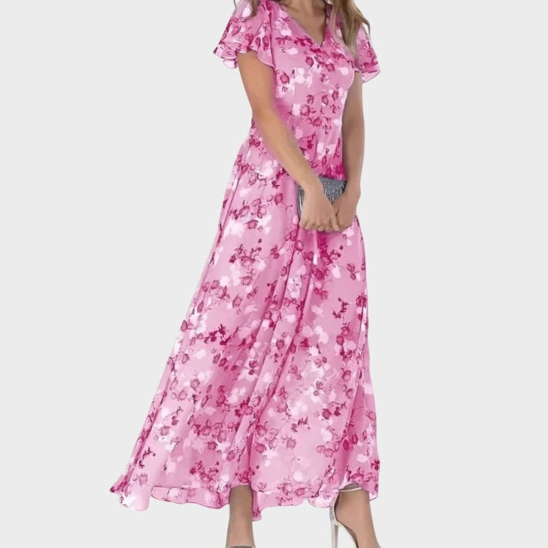 Women's Floral Chiffon Flutter-Sleeve V-Neck Maxi Dress - Light Pink