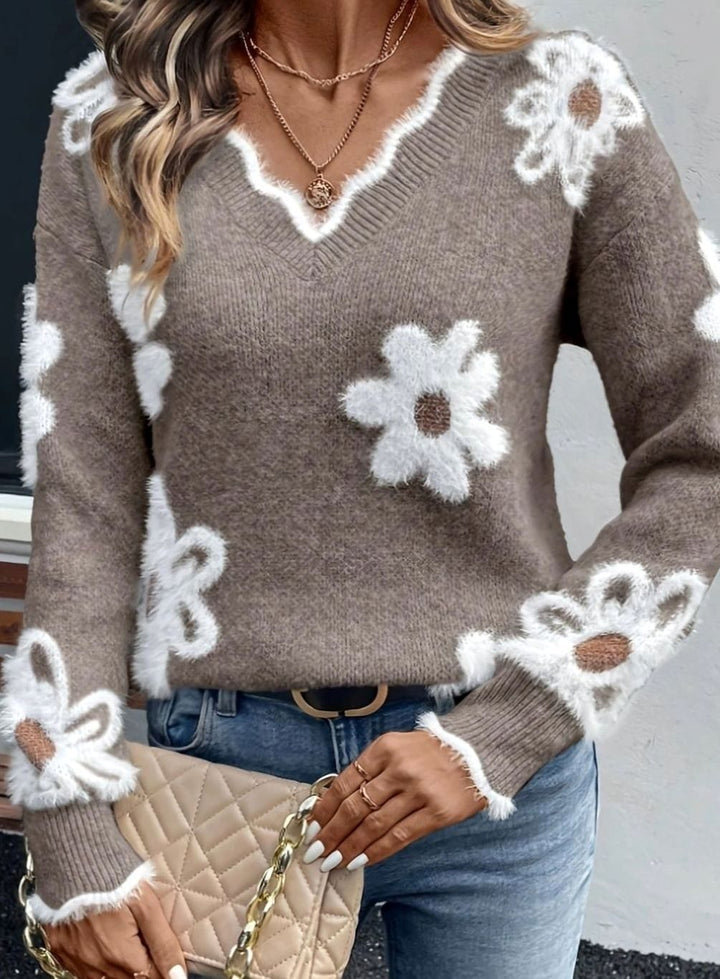 Women's Floral Daisy V-Neck Knitted Jumper Ribbed Cuff, Light Blue - Khaki