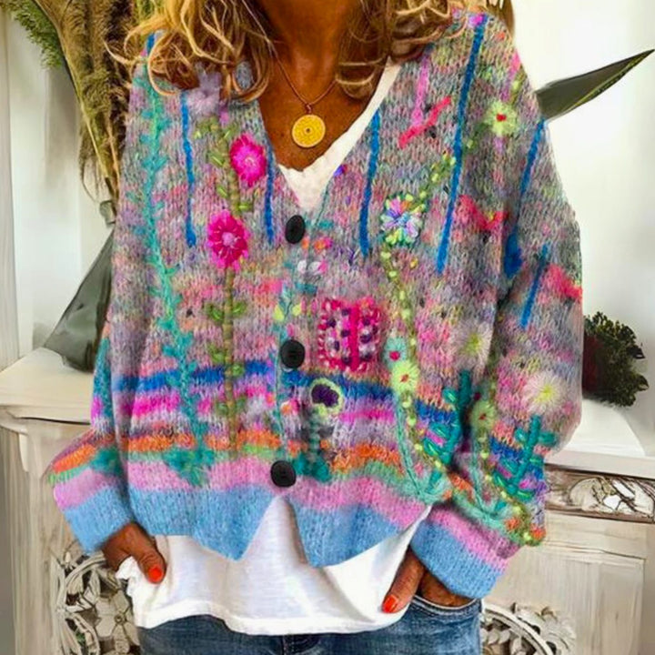 Women's Floral Embroidered Button-Up Knitted Jumper Cardigan, Multicolour - Blue