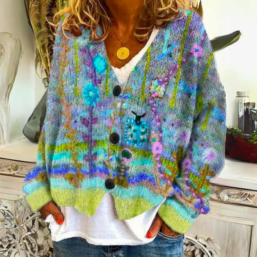 Women's Floral Embroidered Button-Up Knitted Jumper Cardigan, Multicolour - Green