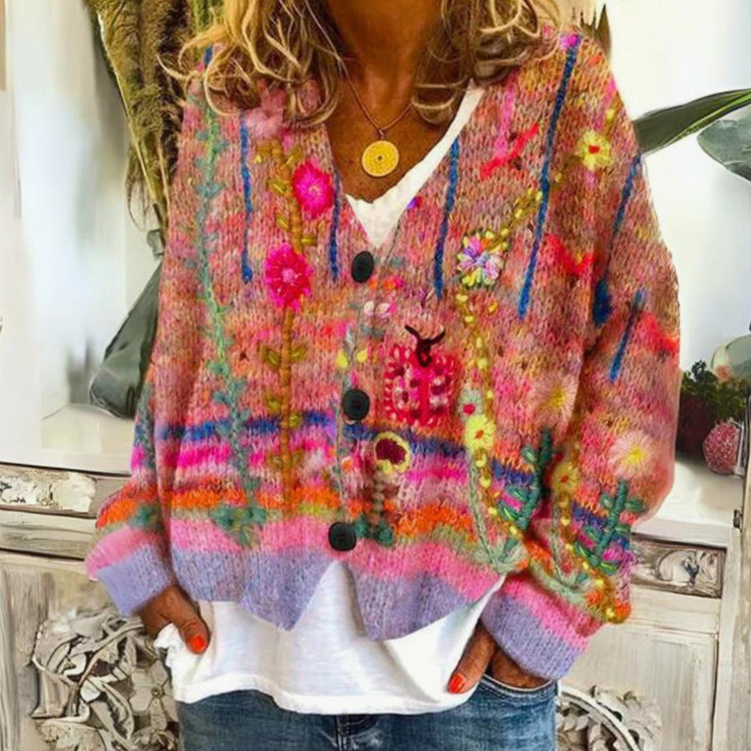 Women's Floral Embroidered Button-Up Knitted Jumper Cardigan, Multicolour - Red