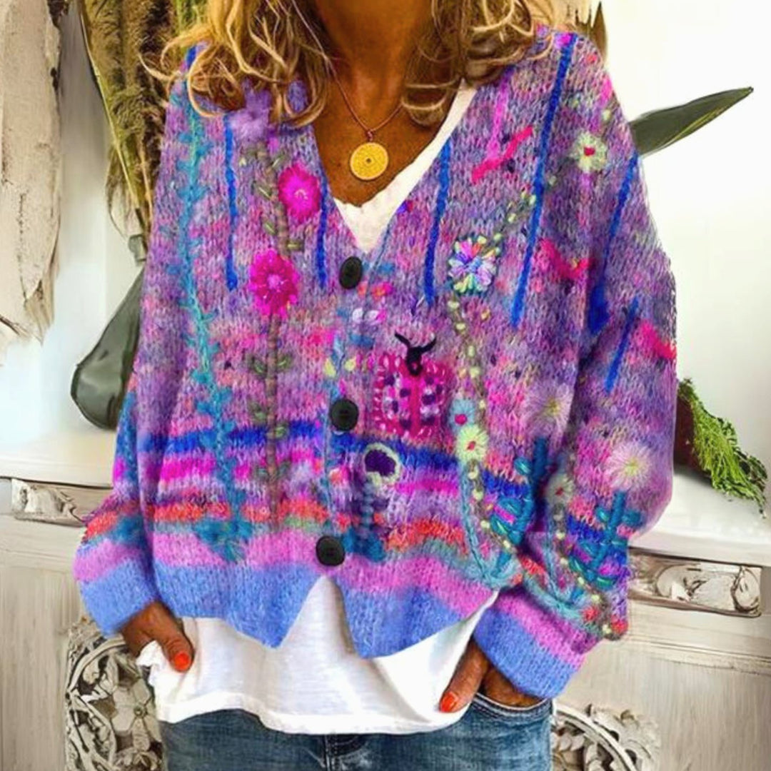 Women's Floral Embroidered Button-Up Knitted Jumper Cardigan, Multicolour - Purple