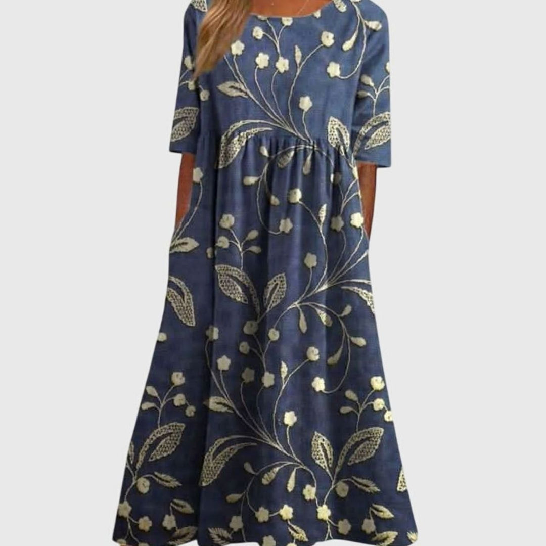 Women's Floral Embroidered Flowy Relaxed-Fit Midi Dress - Navy Blue