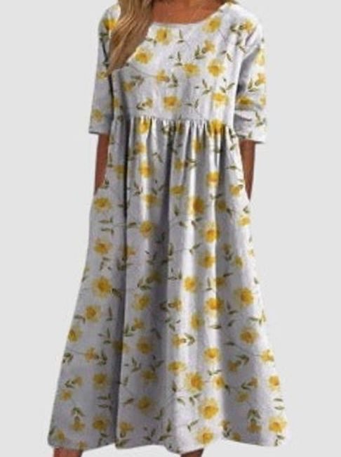 Women's Floral Embroidered Flowy Relaxed-Fit Midi Dress - Light Yellow