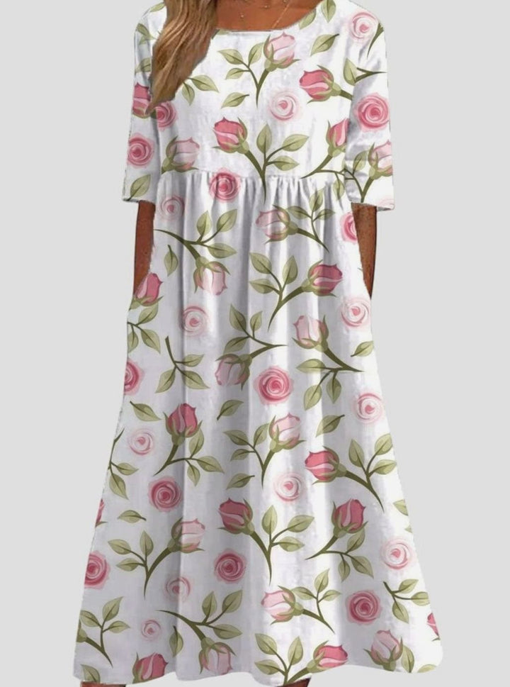 Women's Floral Embroidered Flowy Relaxed-Fit Midi Dress - White Pink