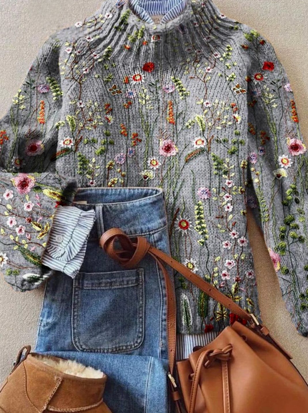 Women's Floral Embroidered Turtleneck Jumper Relaxed Knit - Multicolour