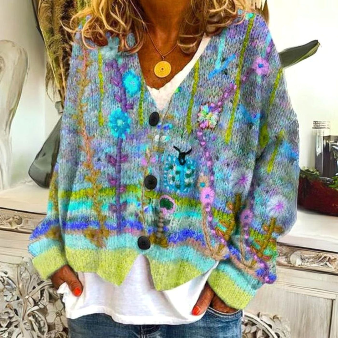 Women's Floral Embroidered V-Neck Button-Front Knit Cardigan - Green