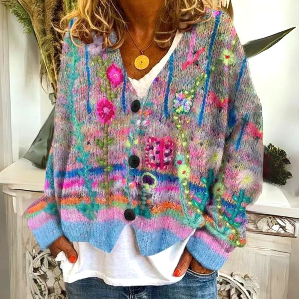 Women's Floral Embroidered V-Neck Button-Front Knit Cardigan - Blue