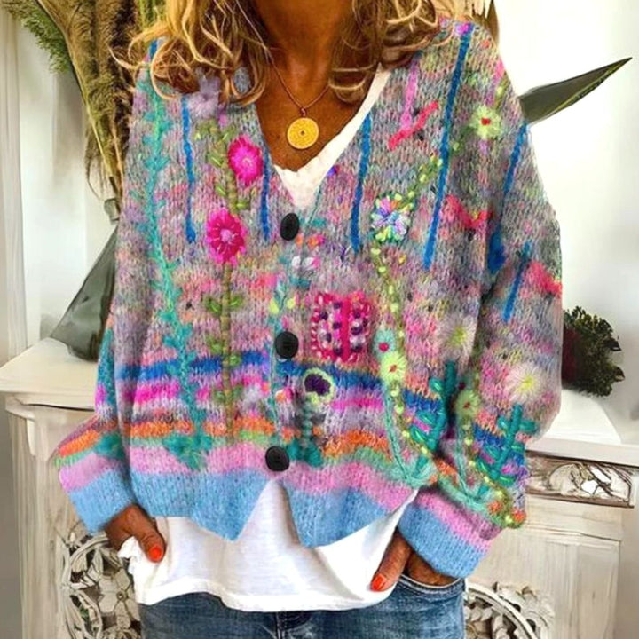 Women's Floral Embroidered V-Neck Button-Front Knit Cardigan - Blue